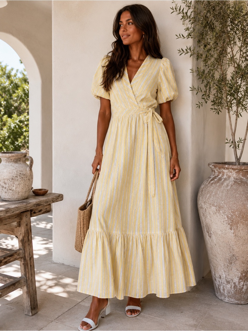 Draper James Puff Sleeve Linen Blend Stripe Maxi Wrap Dress Size Small